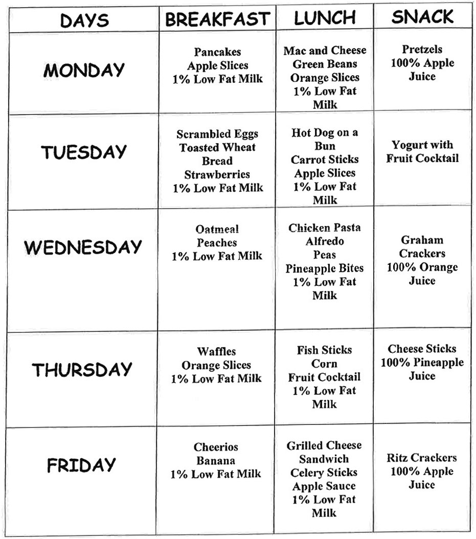 Sample Menu Little Minds Preschool